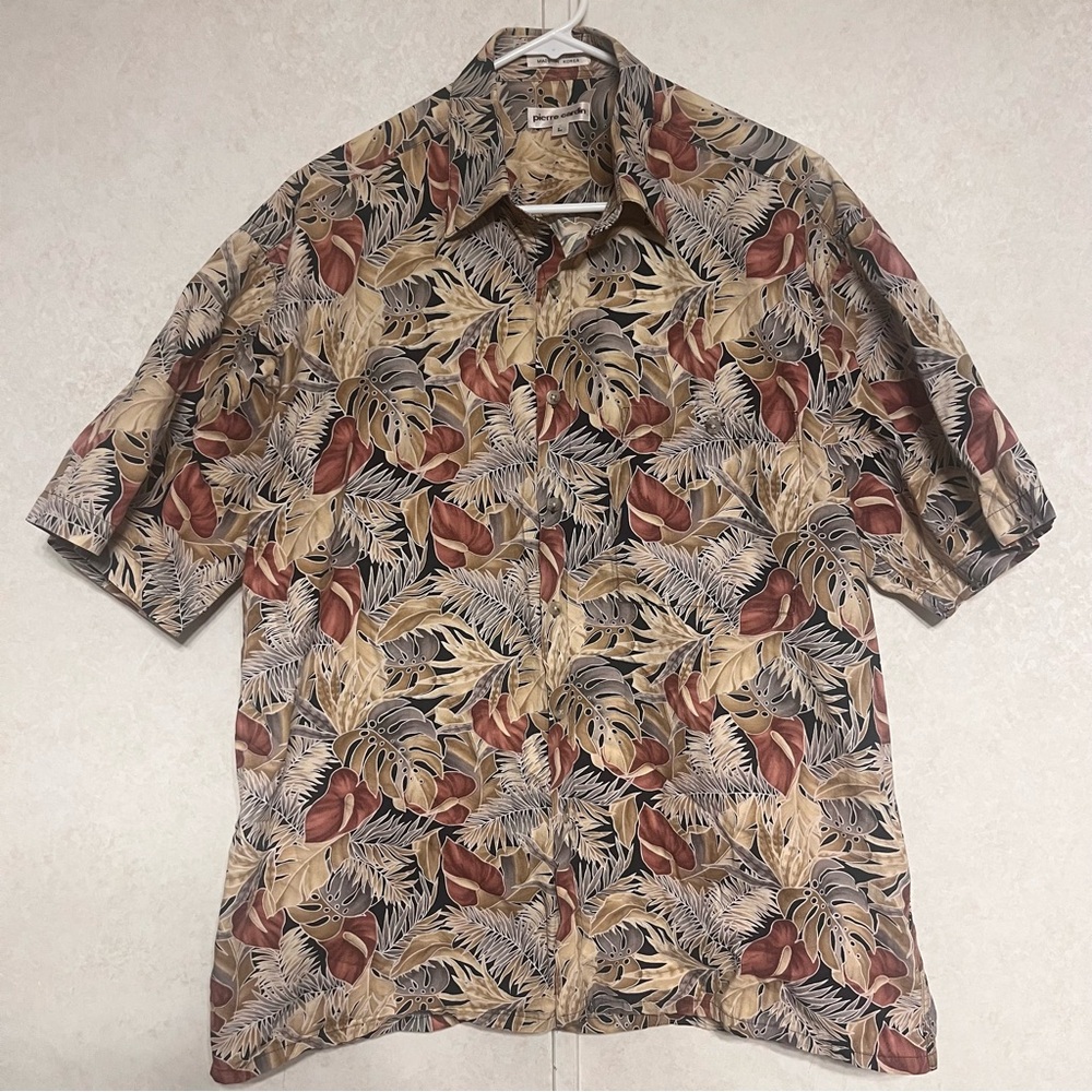 Pierre Cardin Men's Tropical Leaf Button-Down Shirt in Beige, Brown & Black